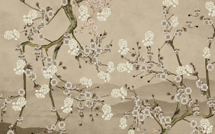 Papier peint  Fleurs en fleurs sur des branches d&#39;arbres avec un fond texturé