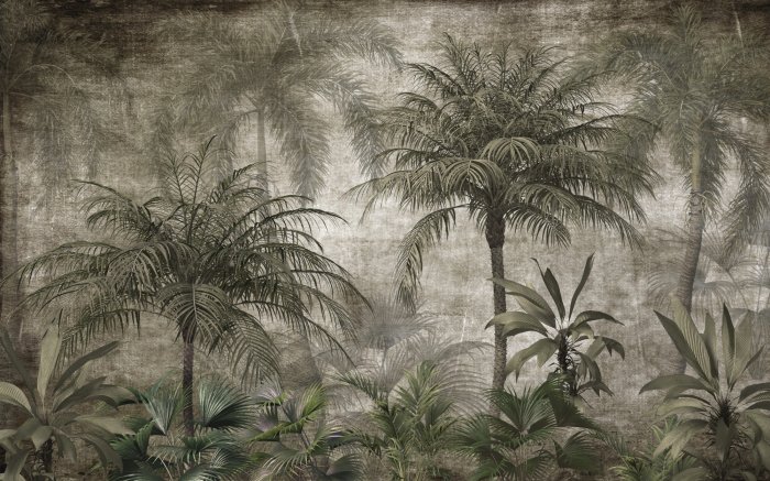 Papier peint  Paysage vert avec des plantes tropicales sur un fond texturé