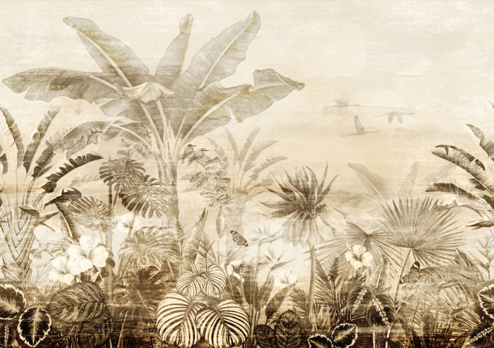 Papier peint  Paysage d&#39;oiseaux et de jungle de style vintage
