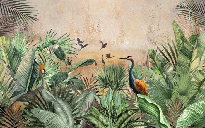 Papier peint  Grues dans une jungle tropicale avec des plantes