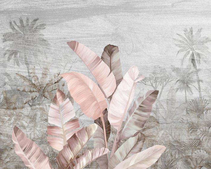 Papier peint  Feuilles tropicales pastel sur fond de palmier gris