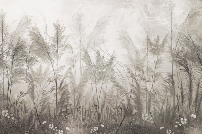 Papier peint  Composition botanique d&#39;herbes beiges et de fleurs blanches