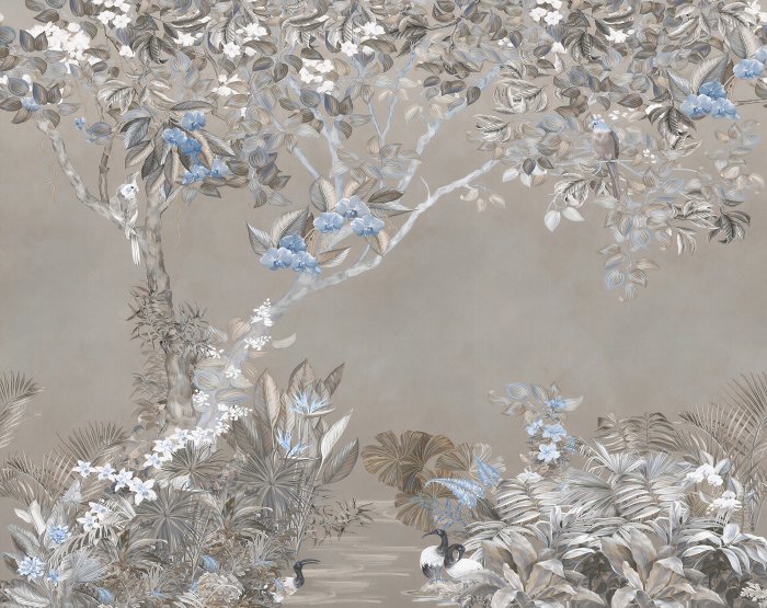 Papier peint  Arbres à fleurs bleues et perroquets