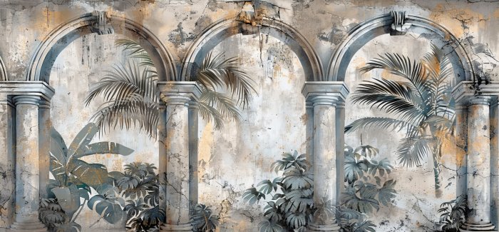 Papier peint  Une fresque murale avec des colonnes et des arches architecturales parmi les palmiers