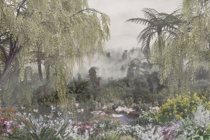 Papier peint  Arbres tropicaux et fleurs colorées dans la brume matinale