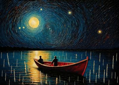 Poster  Nuit étoilée vue depuis un bateau sur le lac