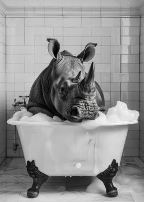 Poster  Rhinocéros dans la baignoire motif noir et blanc