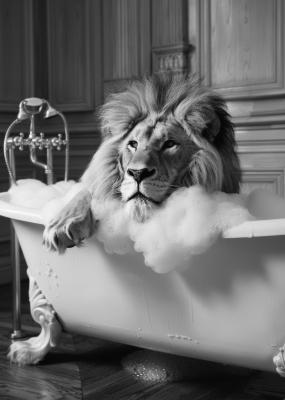 Poster  Lion dans la baignoire en noir et blanc
