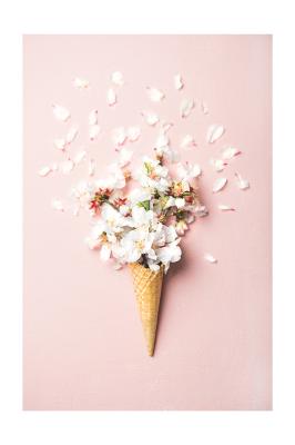 Poster  Fleurs de cerisier dans un cornet gaufré sur fond rose