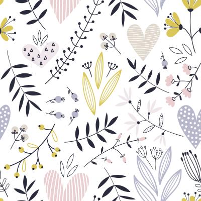 Papier peint à motif  Feuilles pastel plantes et cœurs