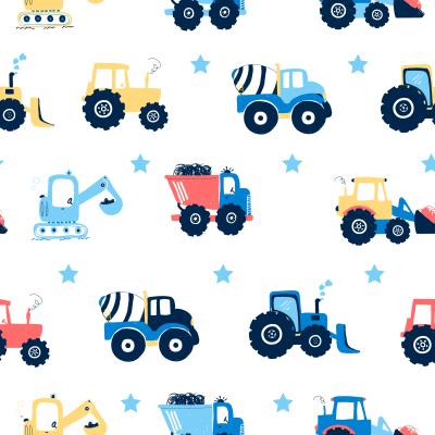Papier peint à motif  Tracteurs et pelleteuses parmi des étoiles bleues