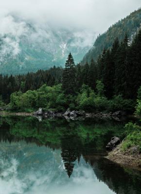 Tableau  Paysage vert avec lac de montagne