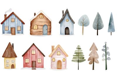 Sticker  Maisons et arbres à l'aquarelle dans le style scandinave