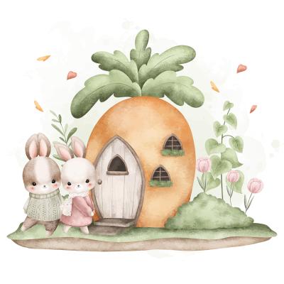 Sticker  Des lapins mignons et une maison en forme de carotte digne d'un conte de fées