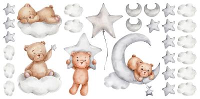 Sticker  Ours en peluche nuages étoiles et lunes à l'aquarelle