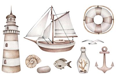 Sticker  Illustration nautique d'un navire, d'un phare et d'une ancre