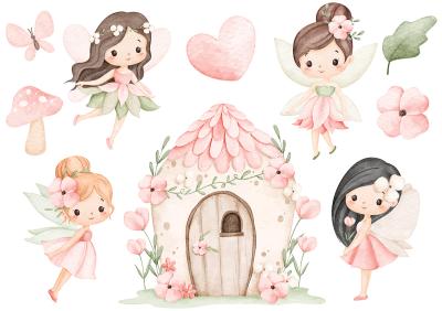 Sticker  Fées et fleurs à l'aquarelle