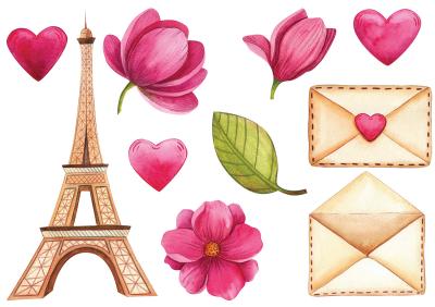 Sticker  Tour Eiffel Fleurs de magnolia rose et cœurs