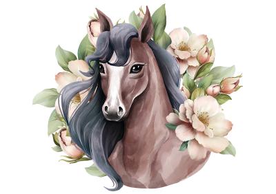 Sticker  Cheval aquarelle parmi les fleurs
