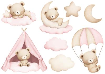 Sticker  Ours en peluche et nuages ​​à l'aquarelle