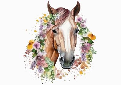 Sticker  Portrait aquarellé d’un cheval parmi les fleurs