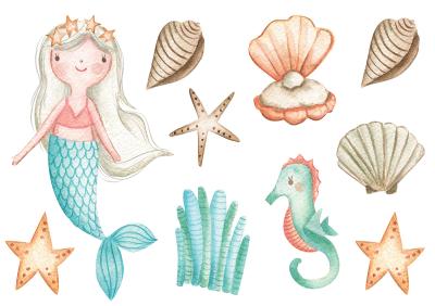 Sticker  Sirène aquarellée et coquillages