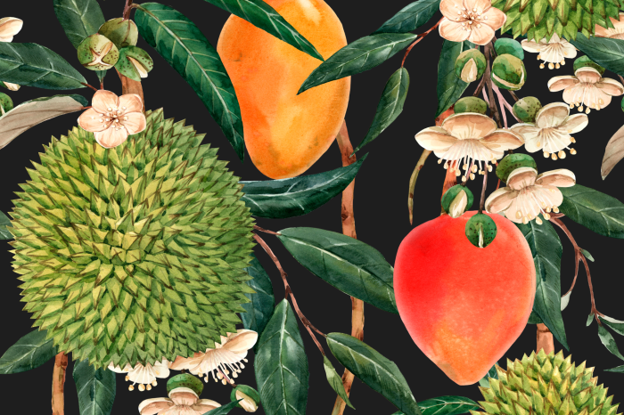 Tableau  Durians et mangues dans une composition tropicale