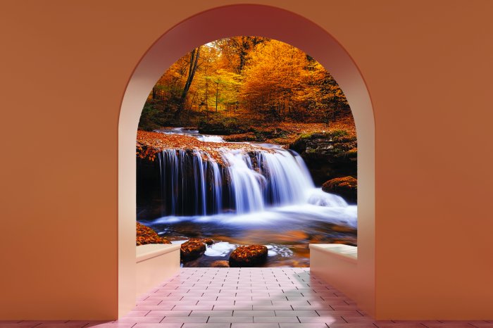 Papier peint  Vue sur une cascade dans la forêt automnale