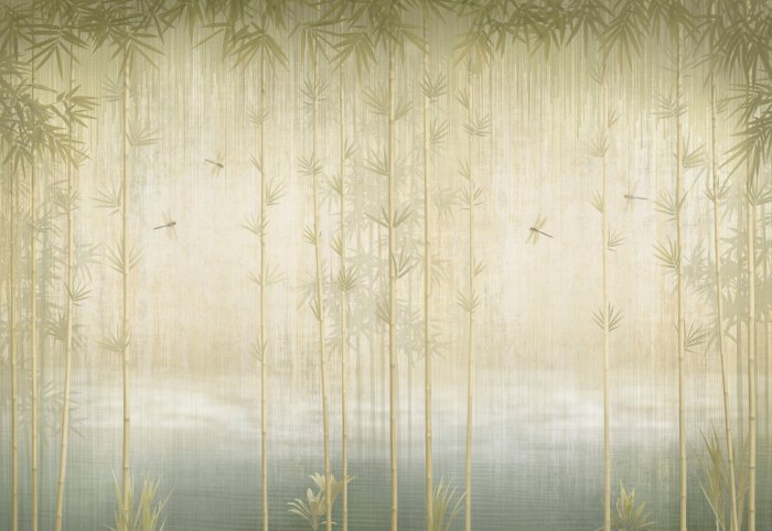 Papier peint  Libellules parmi les branches de bambou, motif botanique délicat