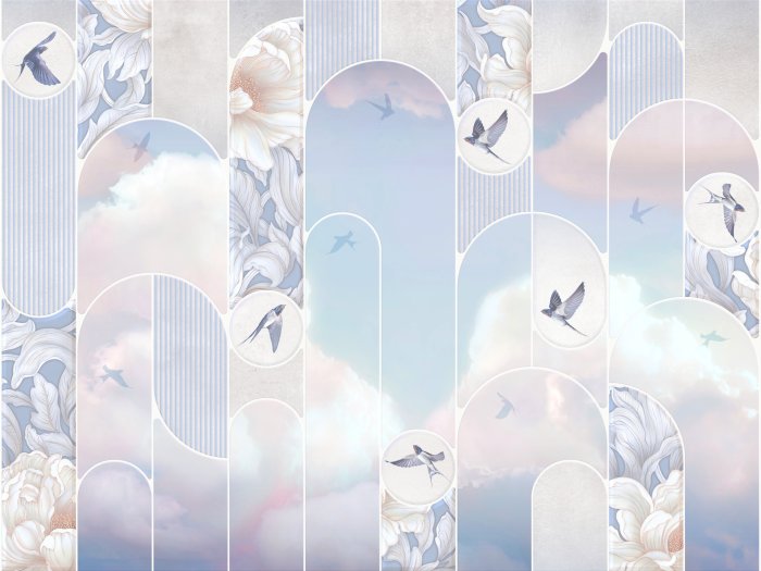 Papier peint  Oiseaux, nuages et fleurs en formes géométriques, motif pastel