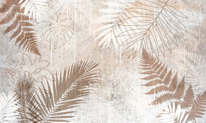 Papier peint  Feuilles de monstera, palmier et fougère sur fond texturé avec effet béton