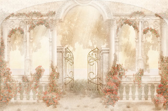 Papier peint  Porte et colonnes architecture fleurs rouges fond texturé