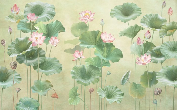 Papier peint  Nénuphars roses parmi des feuilles vertes motif naturel