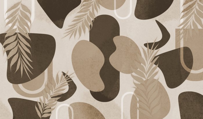 Papier peint  Feuilles et formes géométriques composition décorative beige et marron