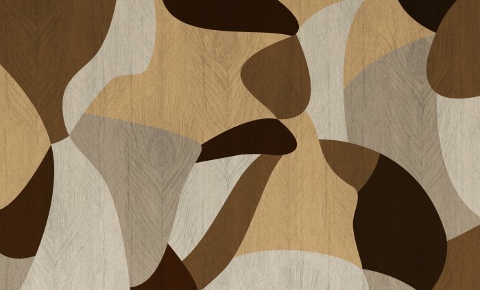 Papier peint  Plumes de paon sur fond en bois abstrait formes géométriques