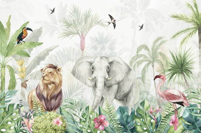 Papier peint  Fresque de jungle tropicale avec des animaux