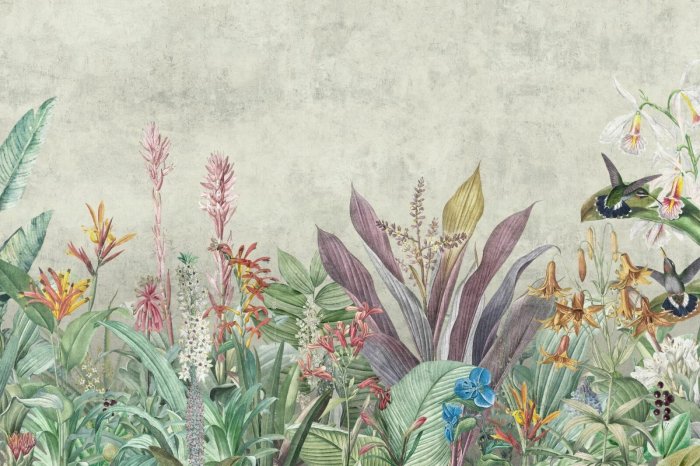 Papier peint  Feuilles tropicales colorées avec des oiseaux