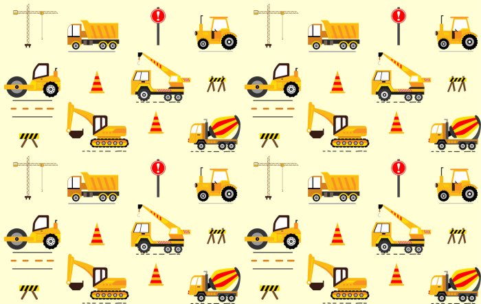 Papier peint  Voitures jaunes, pelleteuse, grue motif enfant