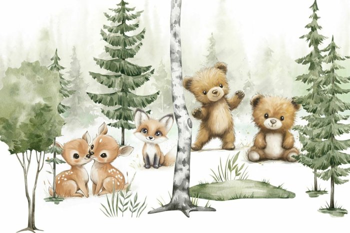 Papier peint  Paysage forestier avec des oursons