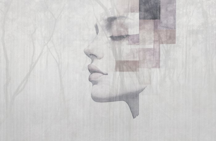 Papier peint  Portrait aquarelle d'une femme avec un paysage forestier d'arbres en arrière-plan