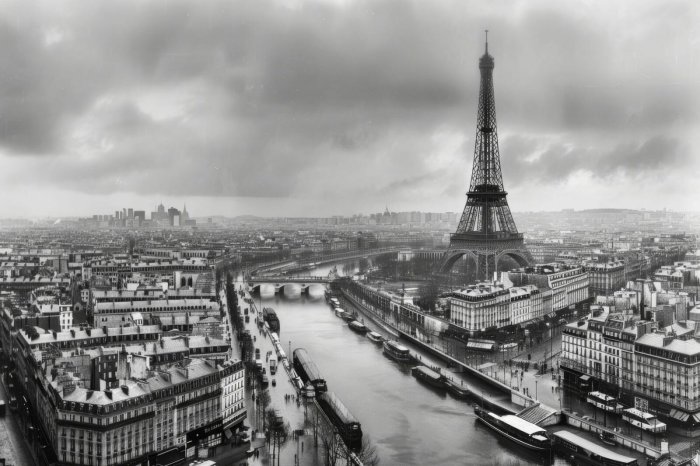 Papier peint  Paysage urbain de Paris avec la rivière et la tour Eiffel