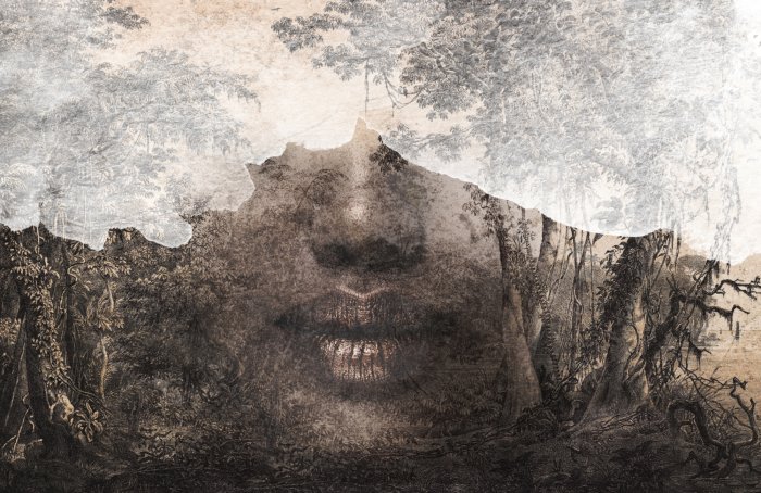 Papier peint  Portrait féminin abstrait avec accent doré sur les lèvres parmi des plantes tropicales