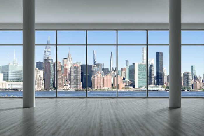 Papier peint  Toile de New York avec gratte-ciels vus à travers les fenêtres