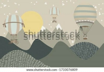 Papier peint  Illustration minimaliste de conte de fées avec ballons et montagnes