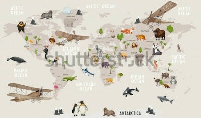 Papier peint  Carte du monde grise avec des animaux pour enfants