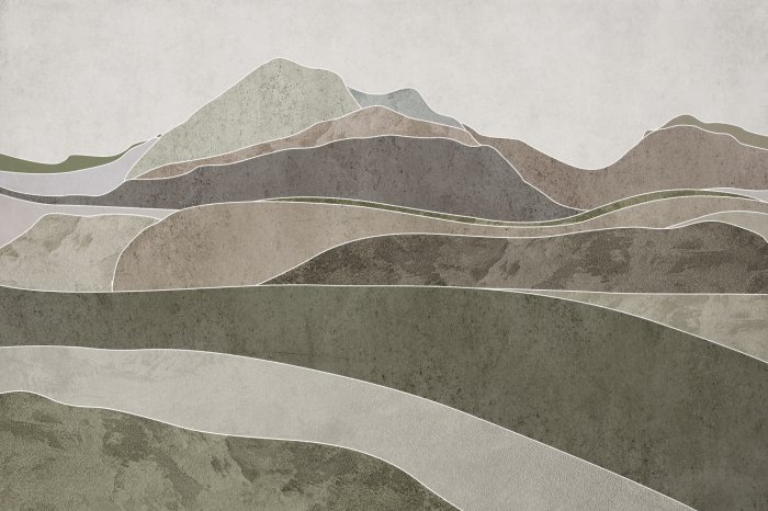 Papier peint  Paysage de montagne minimaliste, motif abstrait dans des tons verts et beiges