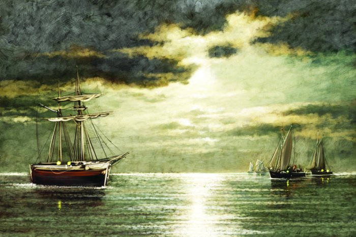 Papier peint  Croquis d'un voilier sur la mer au coucher du soleil