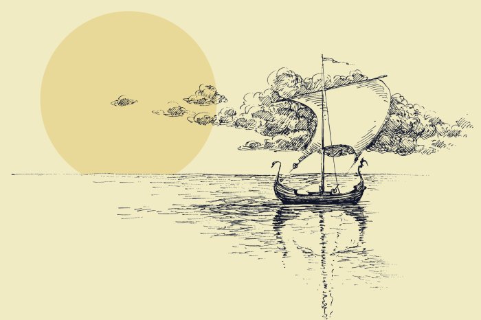 Papier peint  Croquis d'un voilier sur la mer au coucher du soleil