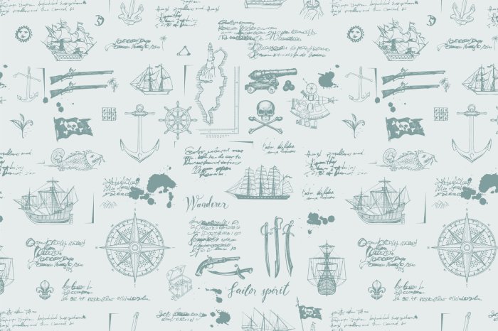 Papier peint  Motif pirate stylisé avec des icônes de navires et de compas