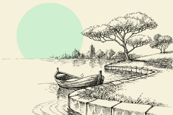 Papier peint  Dessin d'un bateau sur fond de forêt et de soleil